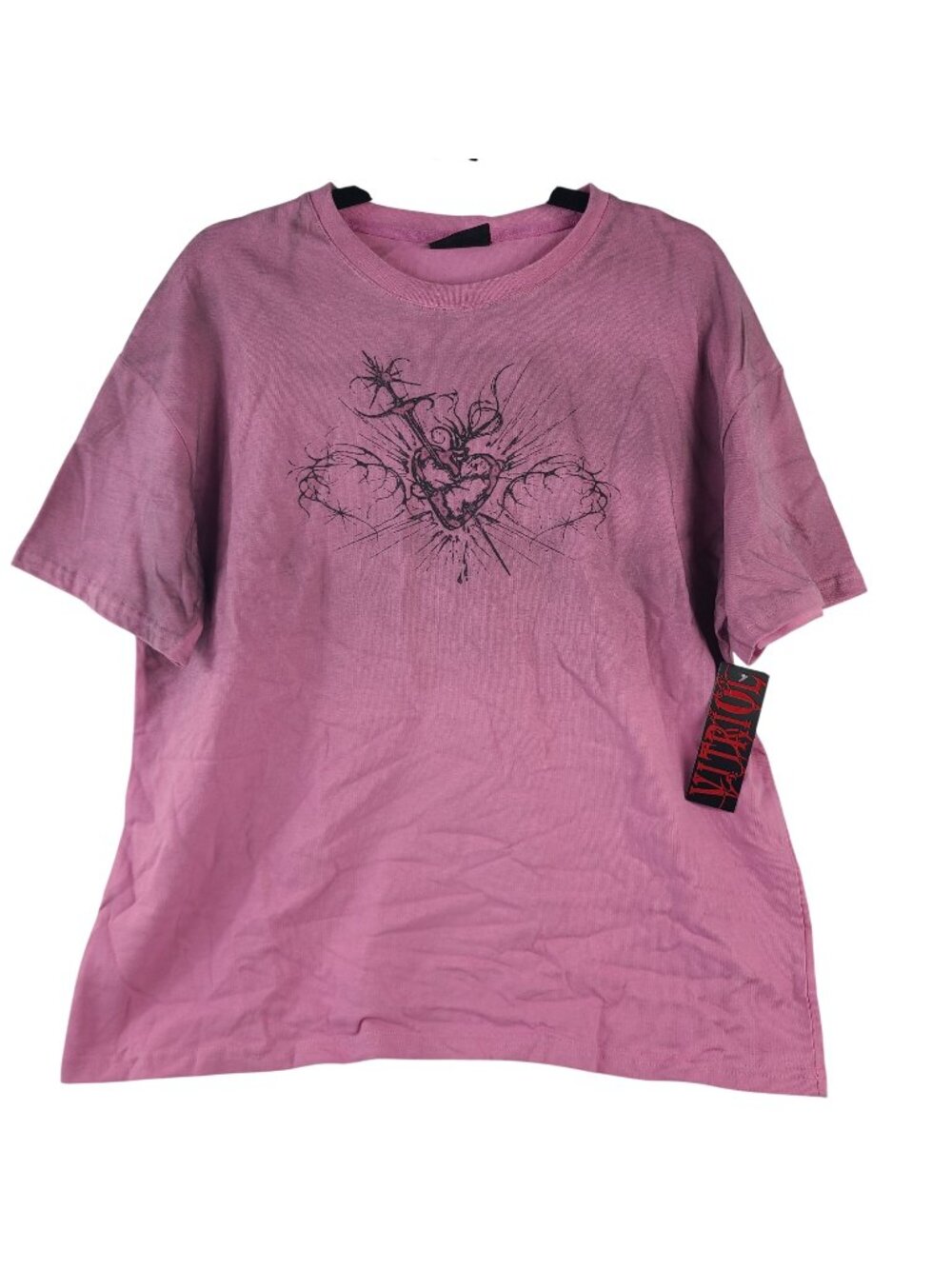 Vitriol Rae Pink Dyed Graphic T-Shirt With Intricate Heart & Gothic Designs Sz S